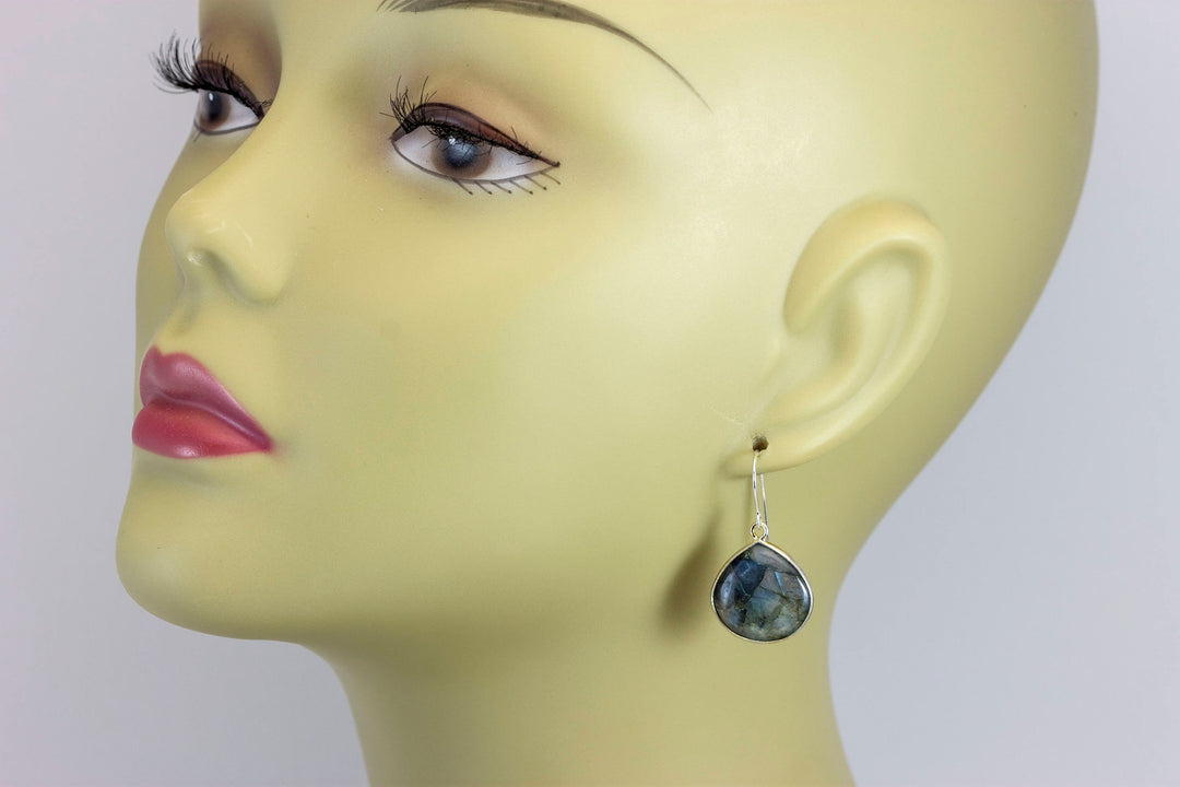 Blue Flash Labradorite Earrings large Simple Drops Bezel Set Smooth Heart Dangle 14k Gold Filled or Sterling Silver Dainty Daily Wear simple