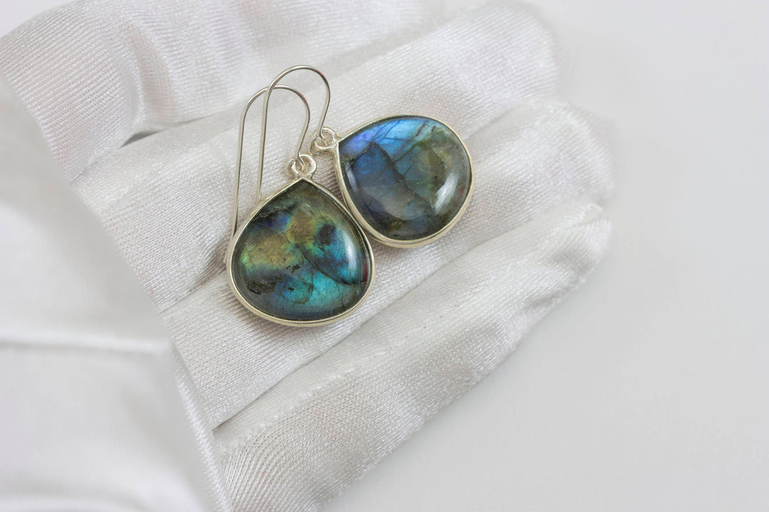 Blue Flash Labradorite Earrings large Simple Drops Bezel Set Smooth Heart Dangle 14k Gold Filled or Sterling Silver Dainty Daily Wear simple