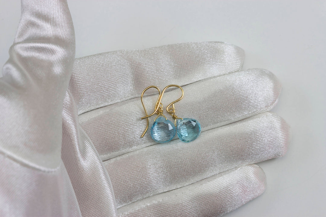 Swiss Blue Topaz Earrings Faceted Drop Dangle Tear Drops 14k Solid Gold or Filled or Sterling Silver Genuine Real Topaz Simple Heart Drops