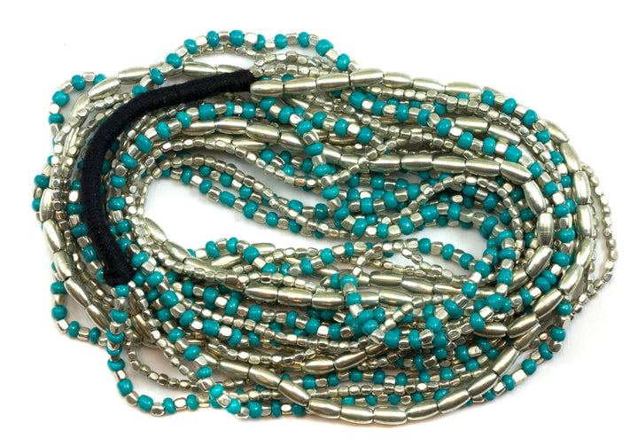 Turquoise Blue Beaded Necklace Solid Strand Link Beaded  Silver 36 Inches 5 Strands Silver Beads Mixed or Mixed with brass beads