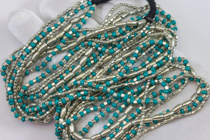 Turquoise Blue Beaded Necklace Solid Strand Link Beaded  Silver 36 Inches 5 Strands Silver Beads Mixed or Mixed with brass beads