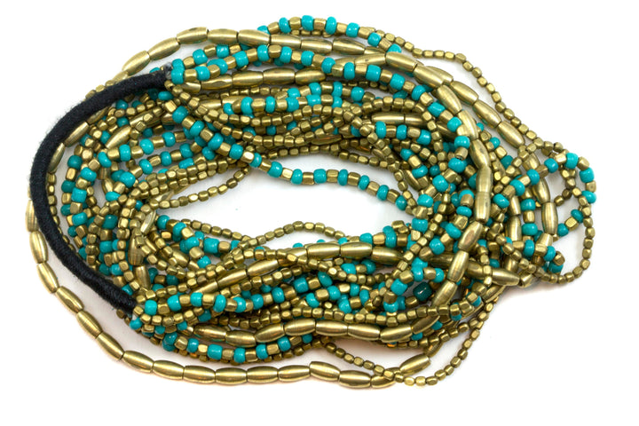 Turquoise Blue Beaded Necklace Solid Strand Link Beaded  Silver 36 Inches 5 Strands Silver Beads Mixed or Mixed with brass beads