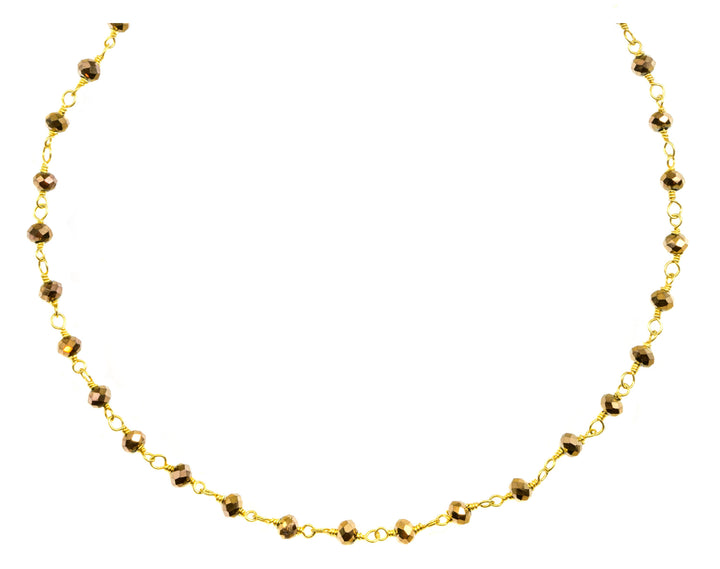 Iron Pyrite Necklace 14k Gold Filled Small Dainty Stones 18 19 Inches Simple Coated Bronze Color faceted stones spaced out chain