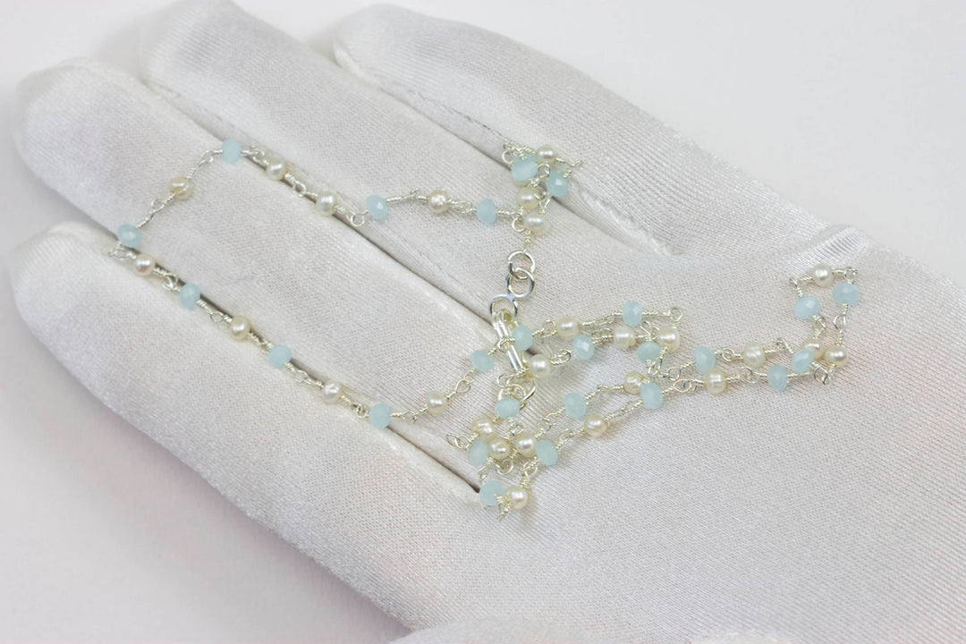Chalcedony Necklace Soft Blue and White Pearl  Sterling Silver or 14k Gold Filled Faceted Chain Link 18 19 Inches Soft Pale Baby Blue Dainty