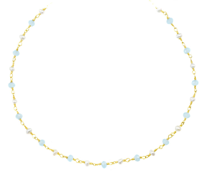 Chalcedony Necklace Soft Blue and White Pearl  Sterling Silver or 14k Gold Filled Faceted Chain Link 18 19 Inches Soft Pale Baby Blue Dainty