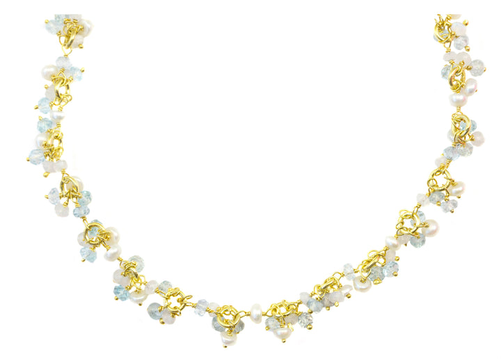Aquamarine Necklace Natural Blue 14k Gold Filled Faceted White Small Pearls Chain Link 24 Inch Soft Pale Baby Blue Dainty cluster style