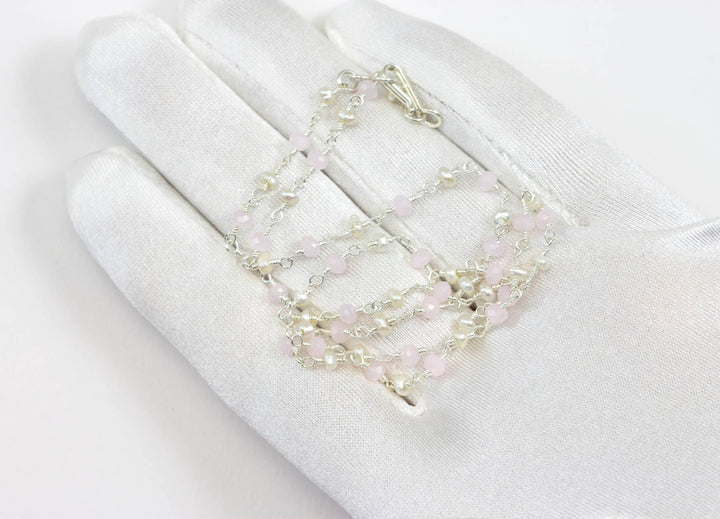 Chalcedony Necklace Pink and White Pearls  Sterling Silver or 14k Gold Filled Faceted Chain Link 18 19 Inches Soft Pink Dainty