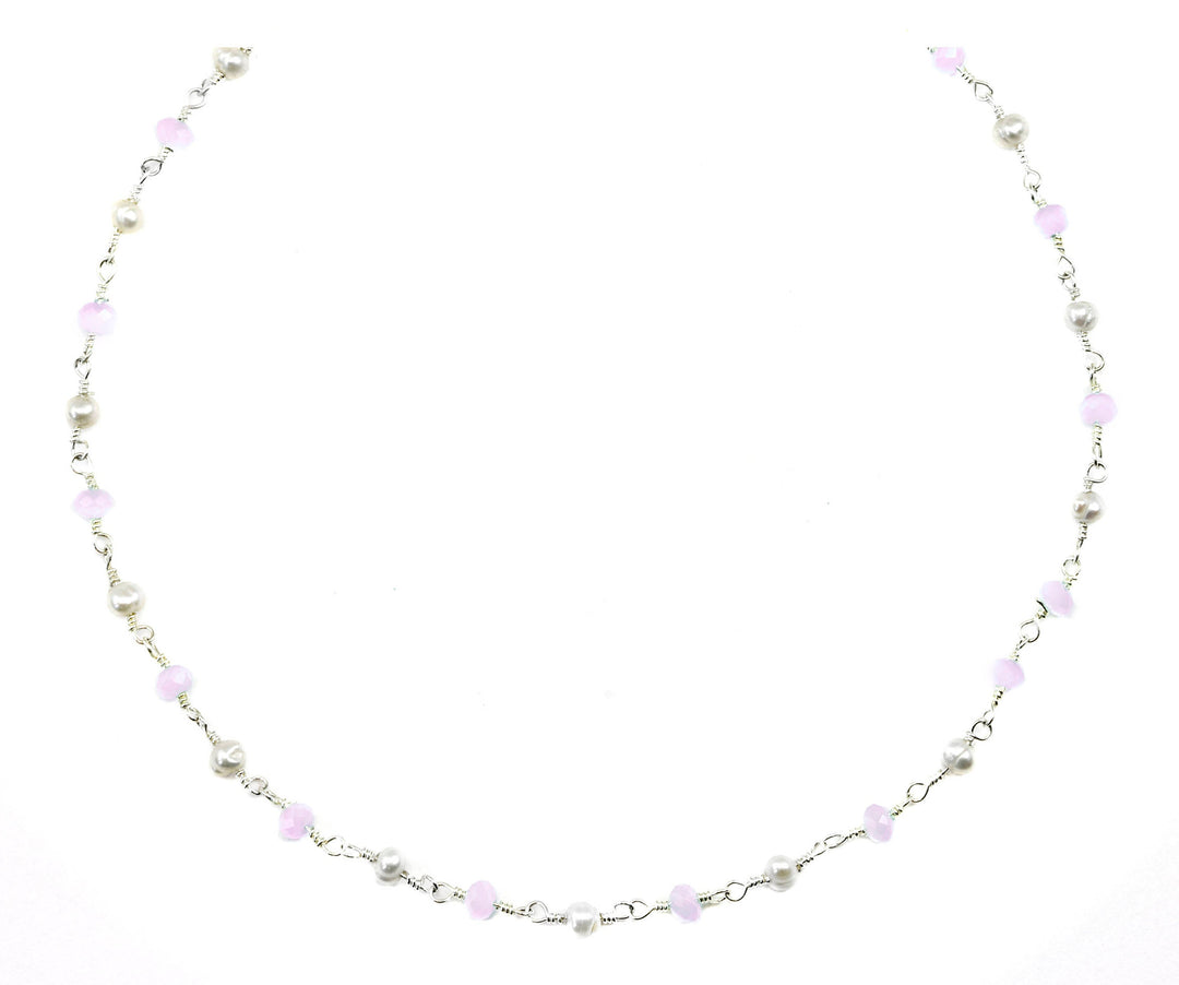 Chalcedony Necklace Pink and White Pearls  Sterling Silver or 14k Gold Filled Faceted Chain Link 18 19 Inches Soft Pink Dainty