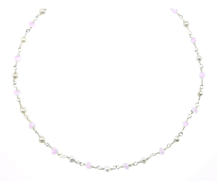 Chalcedony Necklace Pink and White Pearls  Sterling Silver or 14k Gold Filled Faceted Chain Link 18 19 Inches Soft Pink Dainty