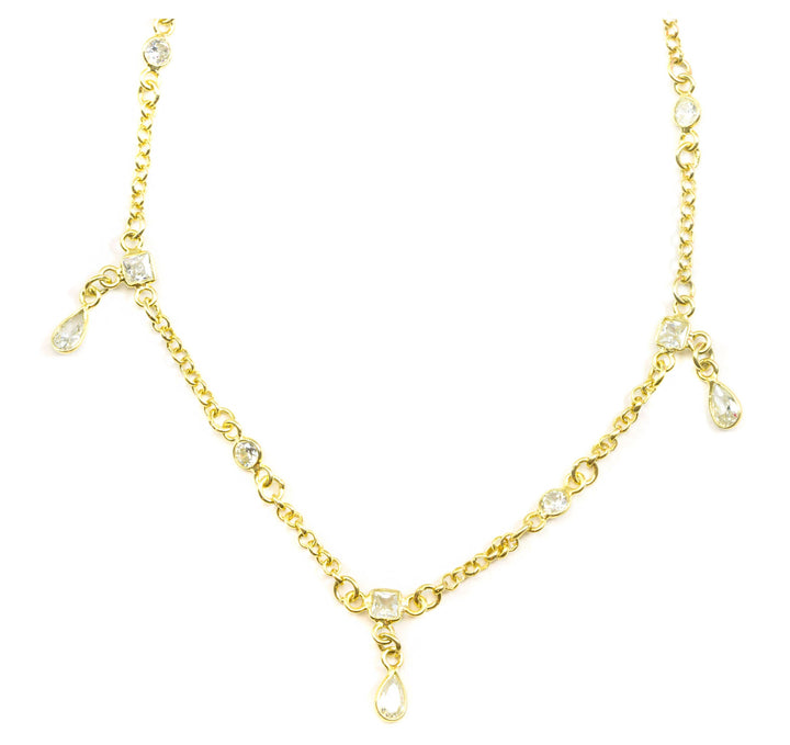 CZ Necklace 14k Gold Filled Chain Link Faceted 36 Inches Clear Cubic Zirconia  White Bezel Setting Dangling Teardrops Stones spaced
