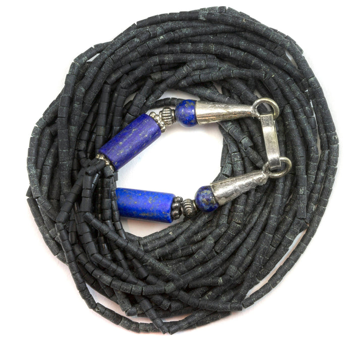 Black Matte Glass Necklace Beaded Silver Solid Heishi Cut 18 Inch Multi Strand 10 strands Blue Lapis Lazuli Accent Stones