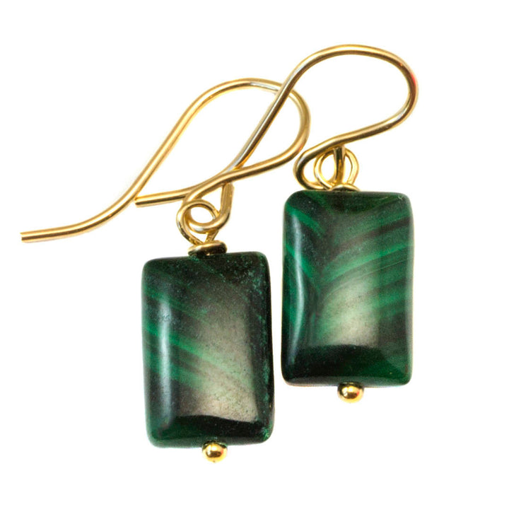 Malachite Earrings Green rectangle shaped smooth Natural Dangle Drops Sterling Silver or 14k Solid Gold or Filled small dainty simple design