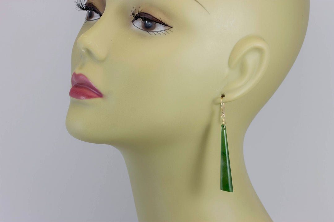 Green Jade Earrings Natural Nephrite Smooth Long Skinny 14k solid gold or filled or Sterling Silver Simple Contemporary thin Drops Long 2.7"