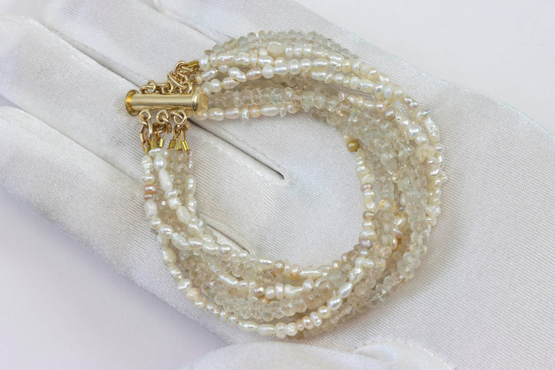 Seed Pearl Champagne Clear Quartz Bracelet Multi Strand Twisted 14k Gold Filled 6  to 6.5 inches Barrel Clasp 9 Strands Unique