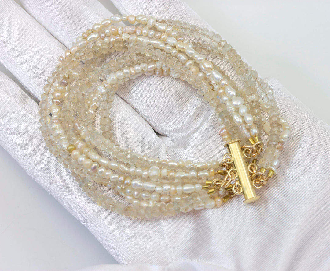 Seed Pearl Champagne Clear Quartz Bracelet Multi Strand Twisted 14k Gold Filled 6  to 6.5 inches Barrel Clasp 9 Strands Unique