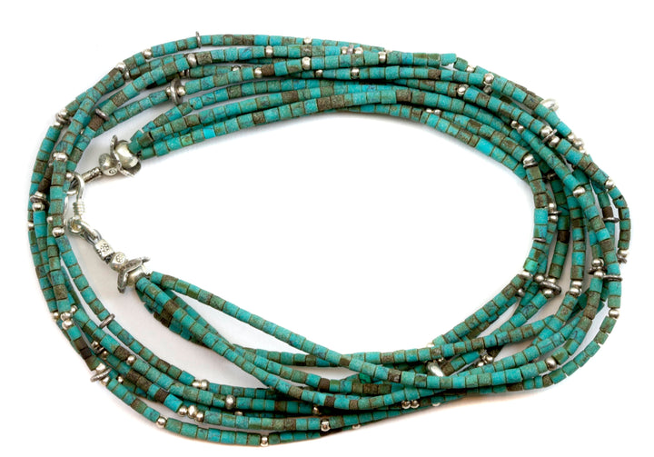 Natural Blue Turquoise Necklace Solid Strand 5 Strands Fine Sterling Silver Beads Mixed  Matte Stone Heishi Style 18 Inch