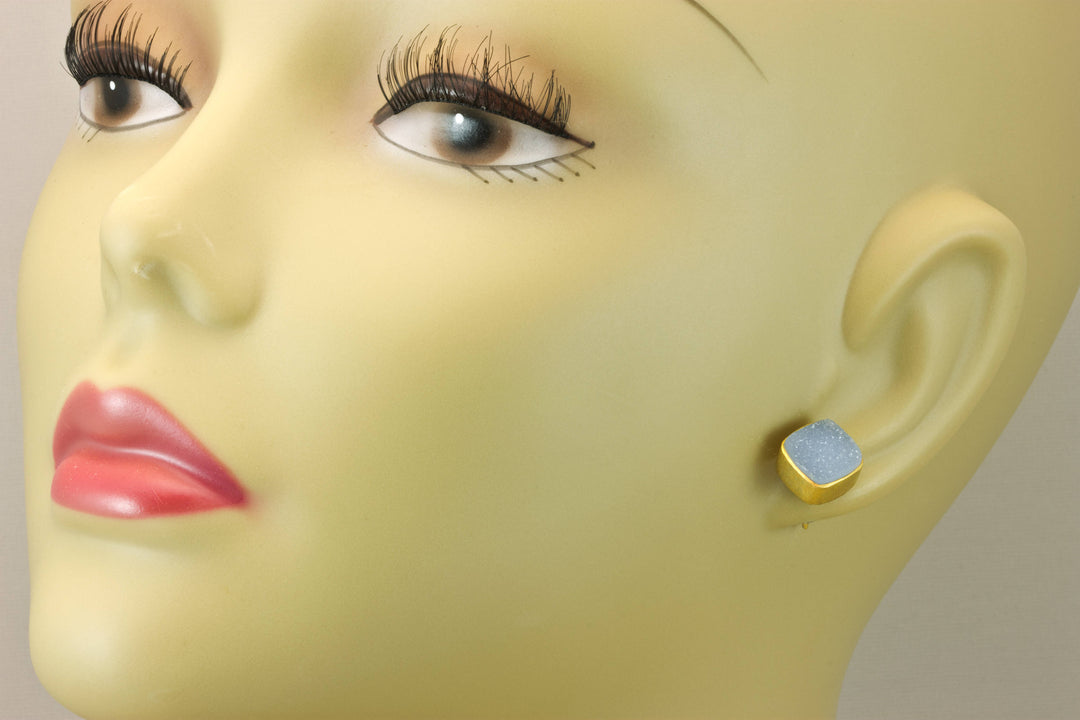 Aqua Blue Drusy Earrings 14k Gold Plate Post Studs Earrings Bezel Set Teardrop Shape Brushed Gold Finish Classic Simple Daily  Square Cut