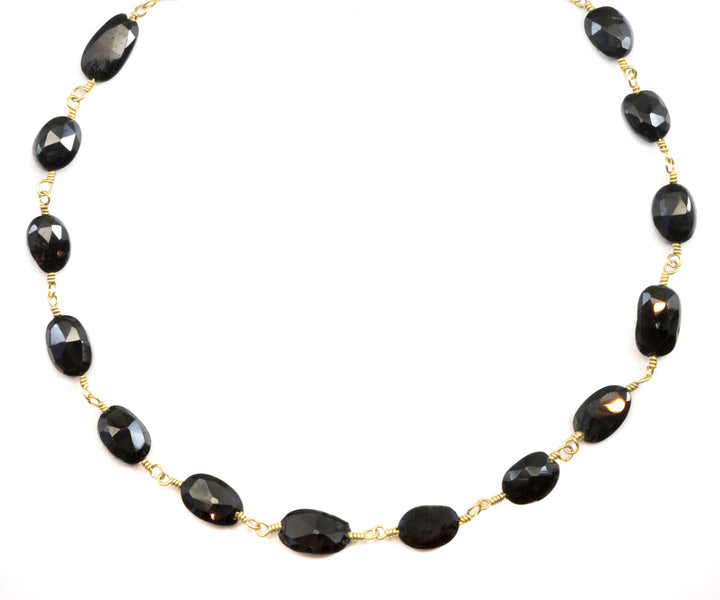 Black Spinel Necklace 8mm 14k Gold Fill Beaded Chain Link  20 Inches Natural Faceted Oval Classic Neutral Versatile Simple