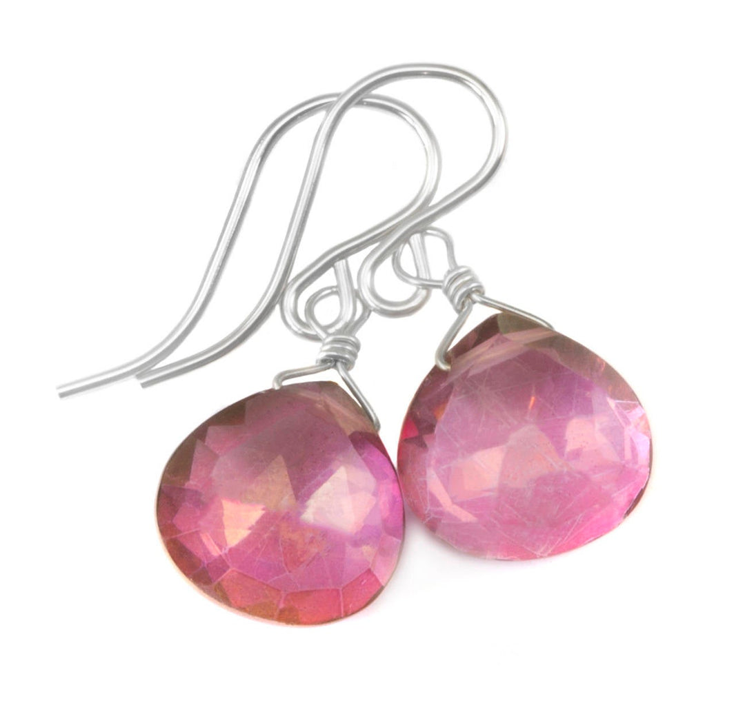 Pink Topaz Earrings Heart Drop Teardrop Dangle faceted Sterling Silver or 14k Solid Gold or Filled Simple dainty Spyglass Designs Daily