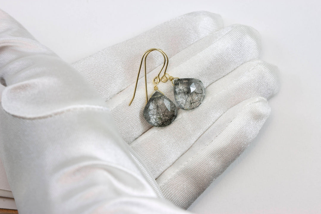Black Tourmalated Rutile Quartz Earrings 14k Solid Yellow Gold or Filled or Sterling Silver Rutilated Heart Teardrop Nice Rutilation Simple