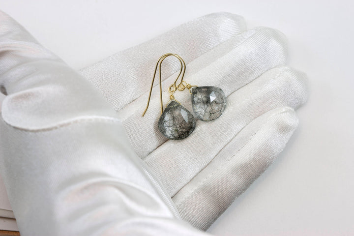 Black Tourmalated Rutile Quartz Earrings 14k Solid Yellow Gold or Filled or Sterling Silver Rutilated Heart Teardrop Nice Rutilation Simple