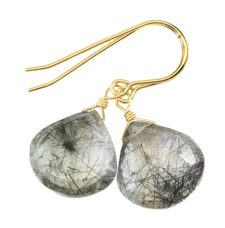 Black Tourmalated Rutile Quartz Earrings 14k Solid Yellow Gold or Filled or Sterling Silver Rutilated Heart Teardrop Nice Rutilation Simple