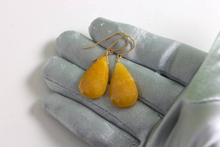 Yellow Aventurine Earrings Teardrop Pear Shaped Faceted 14k Solid Gold or Filled or Sterling Silver Great Unique Natural Earthy Color