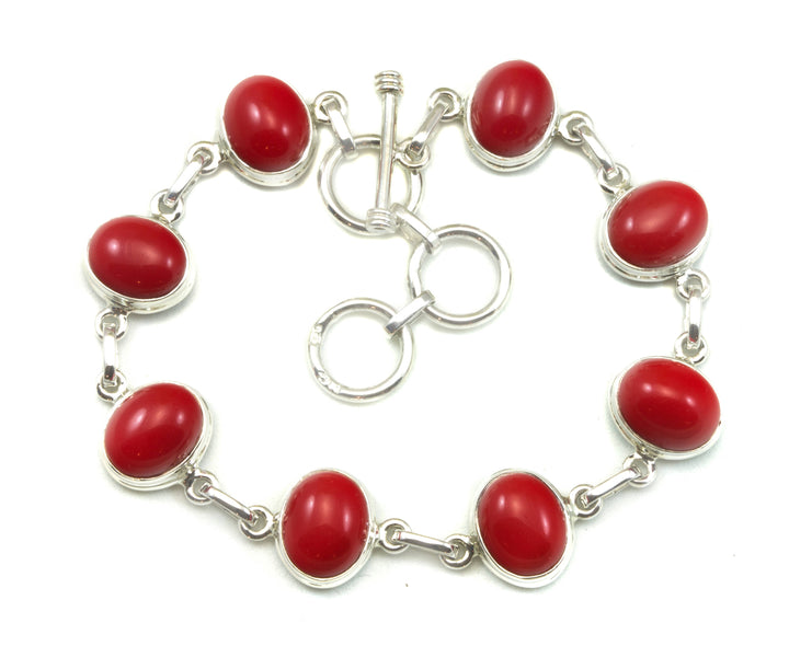 Red Coral Bamboo Bracelet Bezel Set Toggle Clasp Sterling Silver  7 8 Inches Adjustable Earthy Natural Contemporary Oval Cabachon Cut