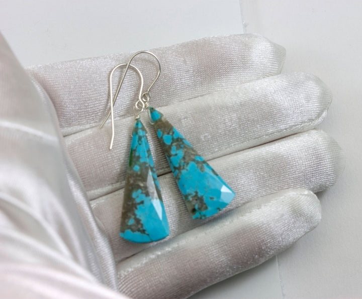 Turquoise Earrings Sterling Silver Faceted Cut Long Teardrop Natural Stone Light Soft blue 2 Inches veining contemporary cut simple drops