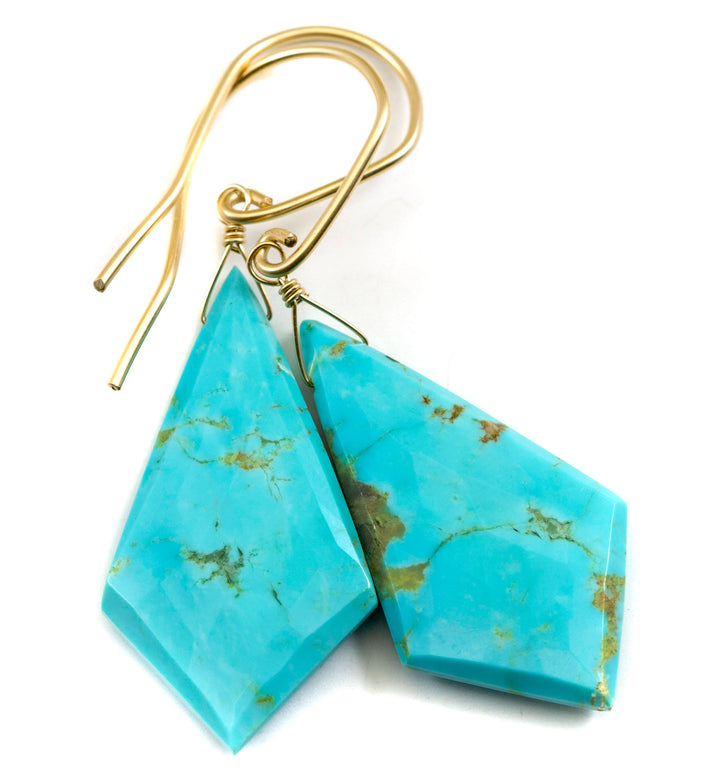 Turquoise Earrings 14k Solid Yellow Gold or Filled Smooth Cut Long Teardrop Natural Stone Rich Soft blue 2 Inches contemporary  simple drops