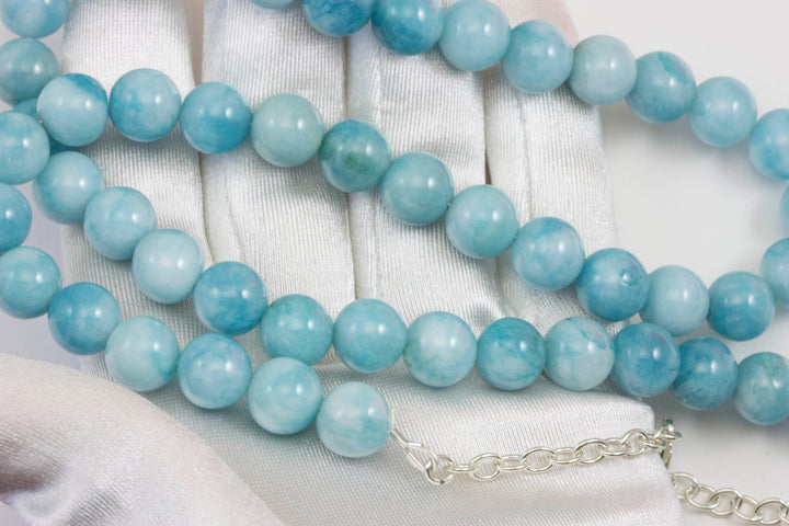 Larimar Simulated Necklace Large smooth beaded Sterling Silver or 14k Gold Filled 24 Inch Simple Baby Blue Large Simple classic design 10mm