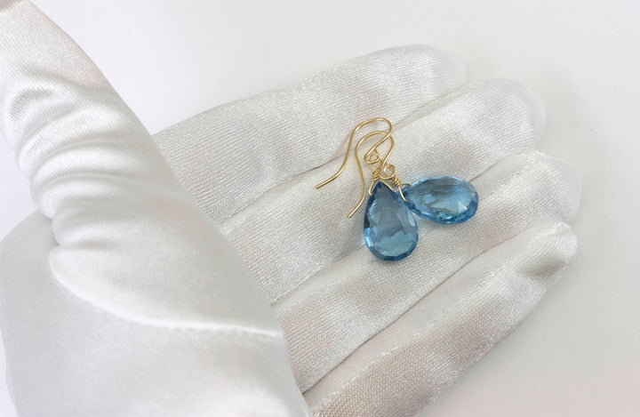 London Blue Earrings Faceted Simulated Topaz Pear Drops 14k Solid Gold or Filled or Sterling Silver Soft Smokey Blue smoky lightweight Drops
