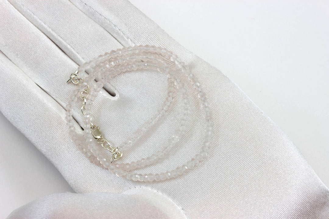Natural Clear Quartz  Necklace Beaded Sterling Silver or 14k Gold Filled Solid Strand Faceted 18 19 Inch  AAA soft color classic design
