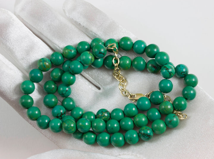 Turquoise  Necklace  14k Gold Filled or Sterling Silver Solid Strand Smooth Round Green  AAA Rich Blue Simple Design 8mm Stones 24 Inches