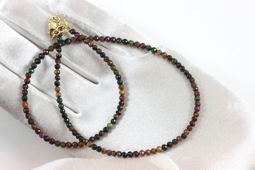 Black Fire Opal Necklace Natural 14k gold filled Faceted 18 19 Inch AAA Solid Strand Rondelles  Fire Iridescence AAA  Classic Simple