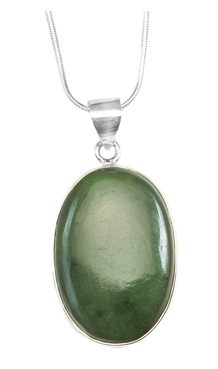 Jade Necklace Green Nephrite Jade Pendant Oval Shaped  Large Sterling Silver Snake Chain 20 Inches Natural Simple Daily Wear