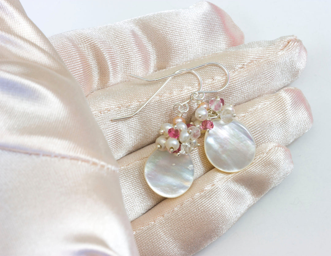 Mother of Pearl Earrings White Teardrop Cluster Natural 14k Solid Gold or Filled or Sterling Silver Seed Pearls Pink Topaz Moonstone MOP