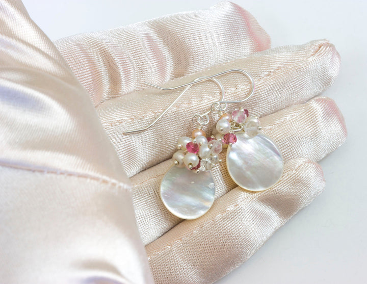Mother of Pearl Earrings White Teardrop Cluster Natural 14k Solid Gold or Filled or Sterling Silver Seed Pearls Pink Topaz Moonstone MOP
