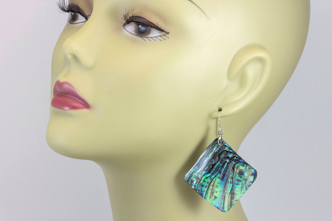 Abalone Paua Shell Teardrop Earrings Extra Large Natural Peacock Colors Sterling Silver Triangle Blue Green Iridescent MOP 2.6 In
