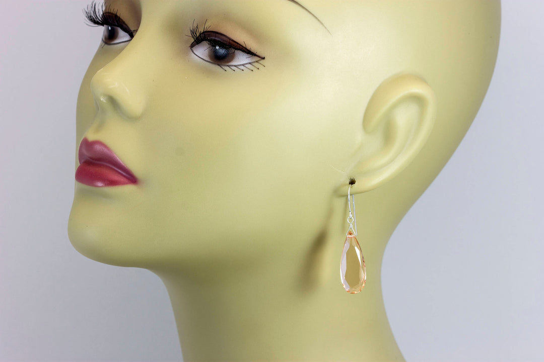 Peachy Pink Simulated Morganite Earrings Faceted Large Long Dangle 14k Gold or Filled or Sterling Silver Classic Simple Clean 1 1/2 Inch