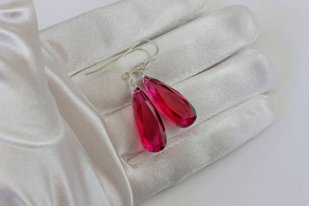 Hot pink fuchsia simulated Sapphire Earrings Facet Large Long Dangle 14k Solid Gold or Filled or Sterling Silver Classic Simple Clean  Drops