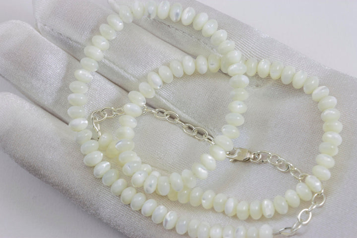 White Mother of Pearl Necklace Sterling Silver or 14k Gold Filled Solid Strand Faceted 18 19 Inch  AAA iridescence classic design Simple