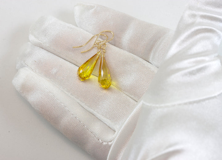 Canary Yellow Sim Diamond Cubic Zirconia Earrings Faceted Long Teardrop CZ 14k Solid Yellow Gold or Filled or Sterling Silver Briolette Drop