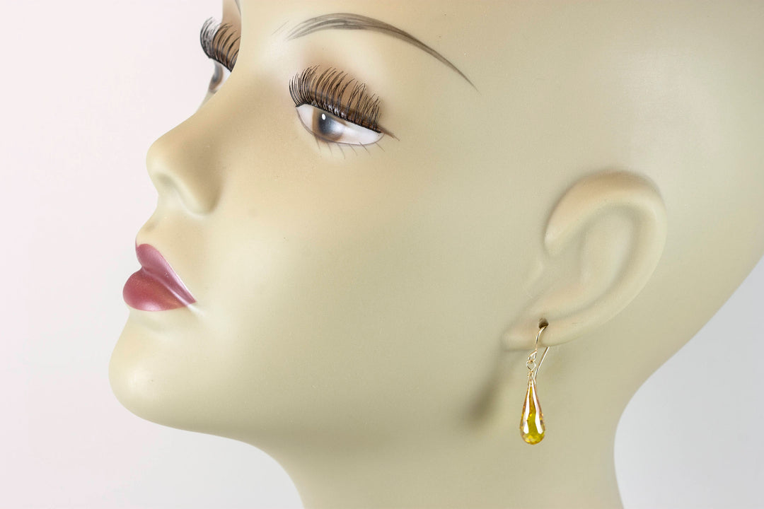 Canary Yellow Sim Diamond Cubic Zirconia Earrings Faceted Long Teardrop CZ 14k Solid Yellow Gold or Filled or Sterling Silver Briolette Drop