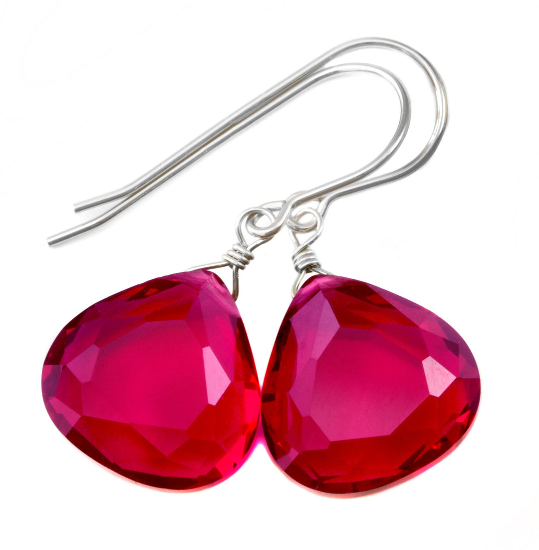 Hot Sapphire Pink Earrings Faceted Simulated Sapphire Large Hearts Dangle 14k Solid Gold or Filled or Sterling Silver Simple Fuchsia Drops
