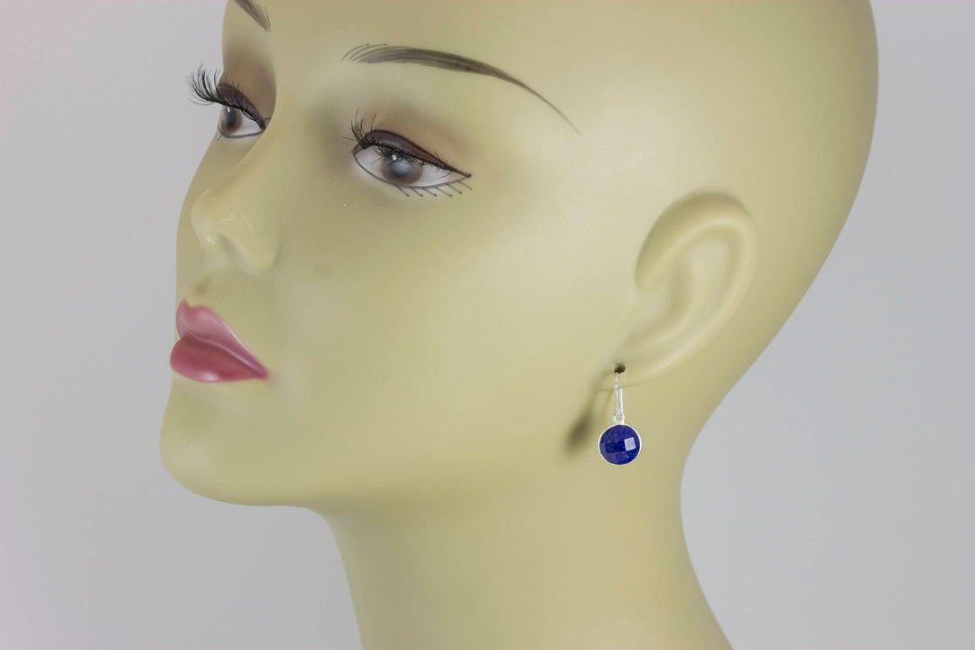 Lapis Lazuli Earrings Natural Blue Round Cut Bezel Set Drops Sterling Silver or 14k Solid Gold or Filled Small and Dainty Faceted Simple