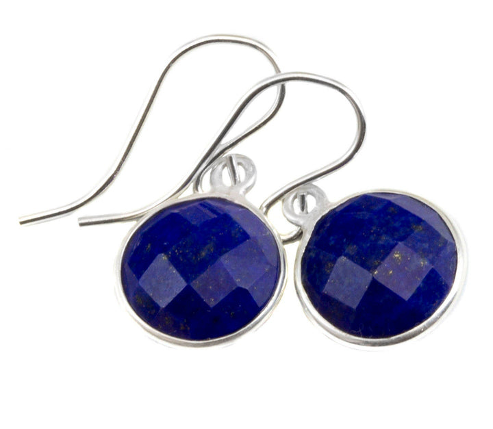 Lapis Lazuli Earrings Natural Blue Round Cut Bezel Set Drops Sterling Silver or 14k Solid Gold or Filled Small and Dainty Faceted Simple