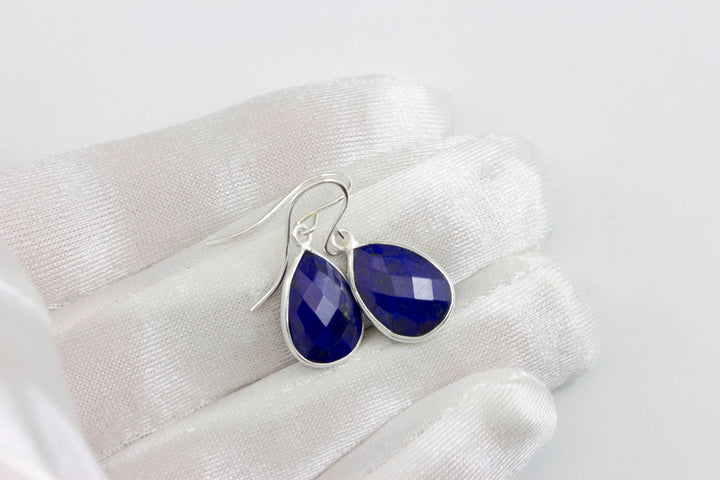 Lapis Lazuli Earrings Natural Blue Pear Cut Bezel Set Blue Drops Sterling Silver or 14k Gold Filled Dainty Faceted Simple Teardrops