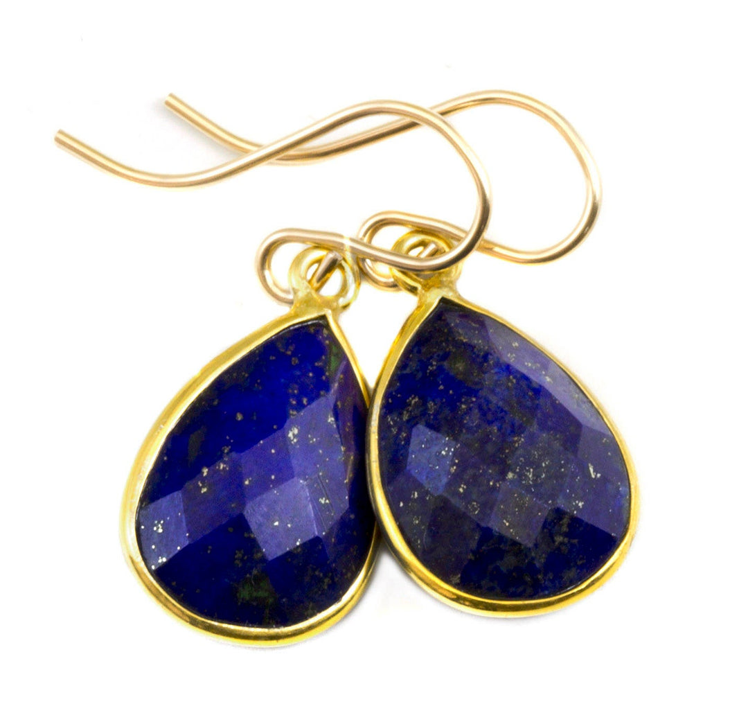 Lapis Lazuli Earrings Natural Blue Pear Cut Bezel Set Blue Drops Sterling Silver or 14k Gold Filled Dainty Faceted Simple Teardrops