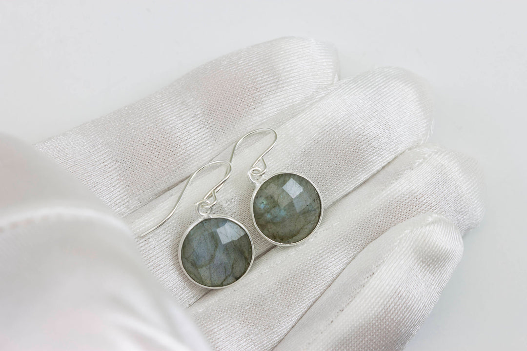 Blue Flash Labradorite Earrings Small Simple Drops Bezel Set Round Drop Dangle Solid  14k Gold or Filled or Sterling Silver Dainty Daily